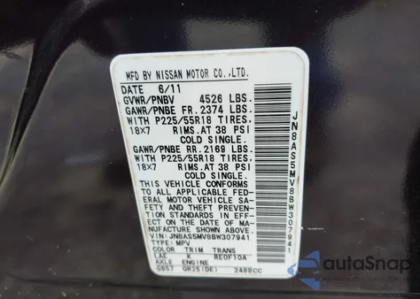 2011 Nissan Rogue Sv z USA, uszkodzony, nr VIN JN8AS5MV8BW307941